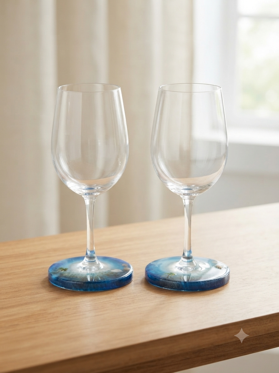 Wine Glasses With Ocean Scene Base (Set Of 2)