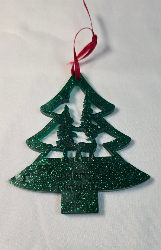 Emerald Green Tree With Reindeer Ornament